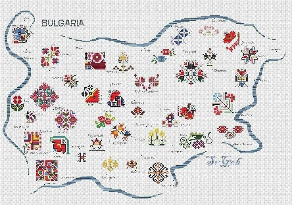 Illustration of Bulgaria filled with regional embroidery motifs