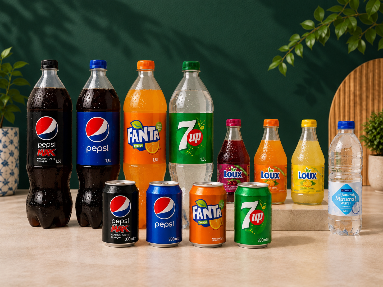 Pepsi, Pepsi Max, Fanta, 7UP, Loux and bottled water against a dark green background