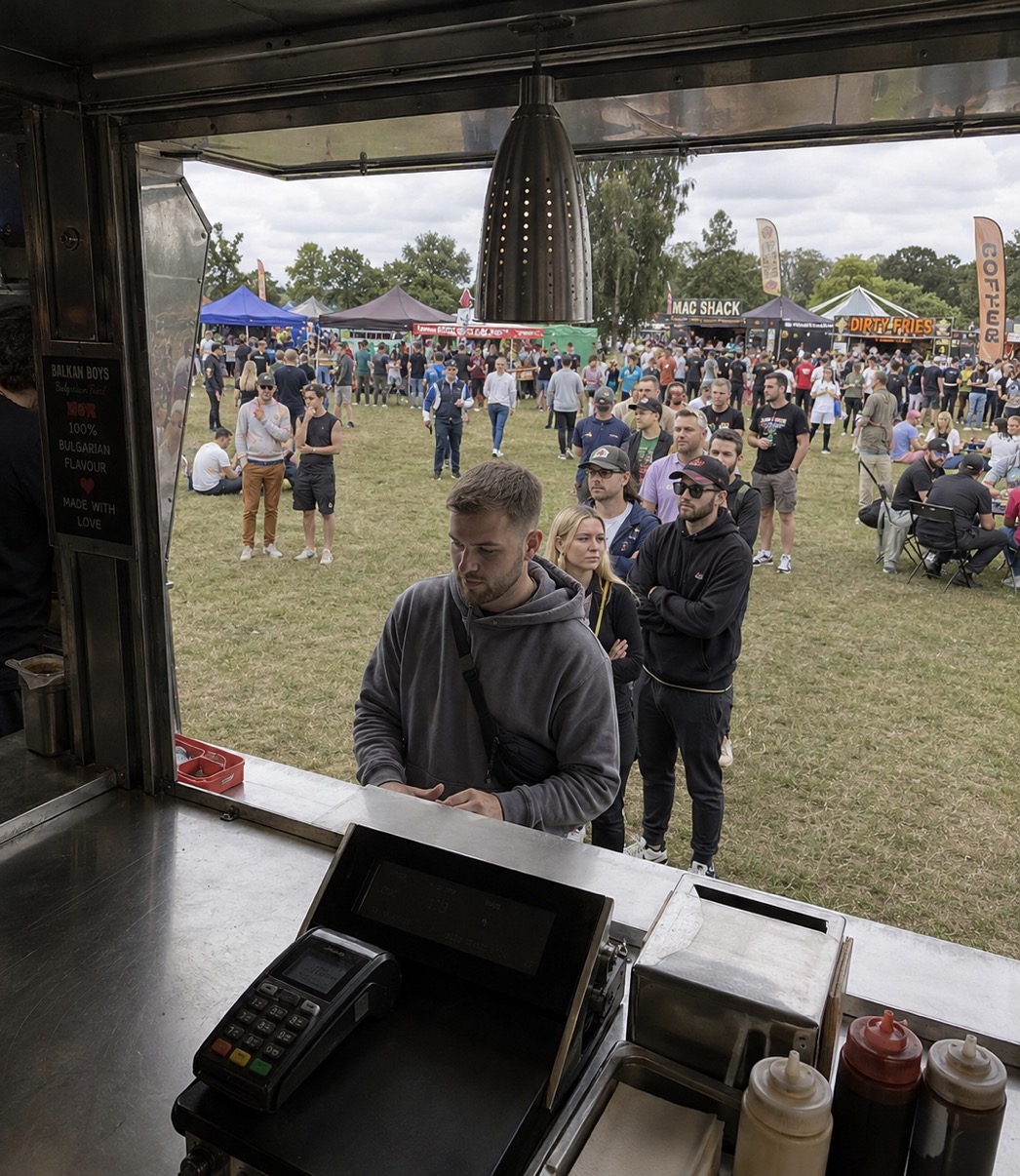 View over a festival field from a serving hatch